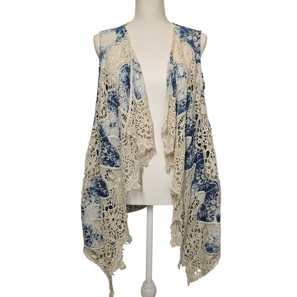 Chicos Hippie Tie Dye Blue Boho Lace Embroidered Festival Open Vest Size‎ Large
